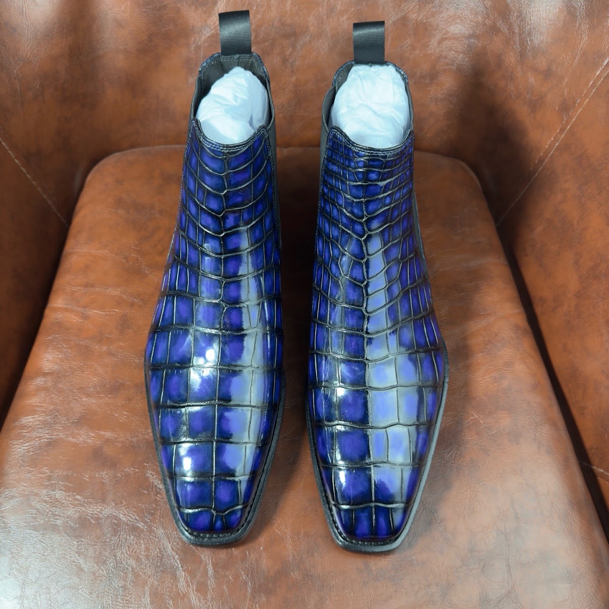 blue patina genuine alligator leather Chelsea boots for men - detail 1