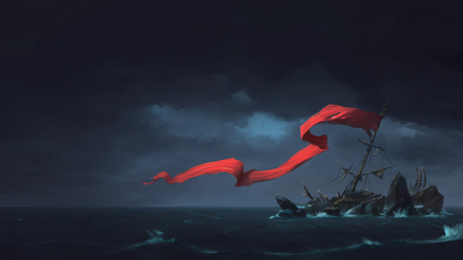 Shipwreck With Flowing Red Banner - Digital Painting 4K Wallpaper (3840x2160)