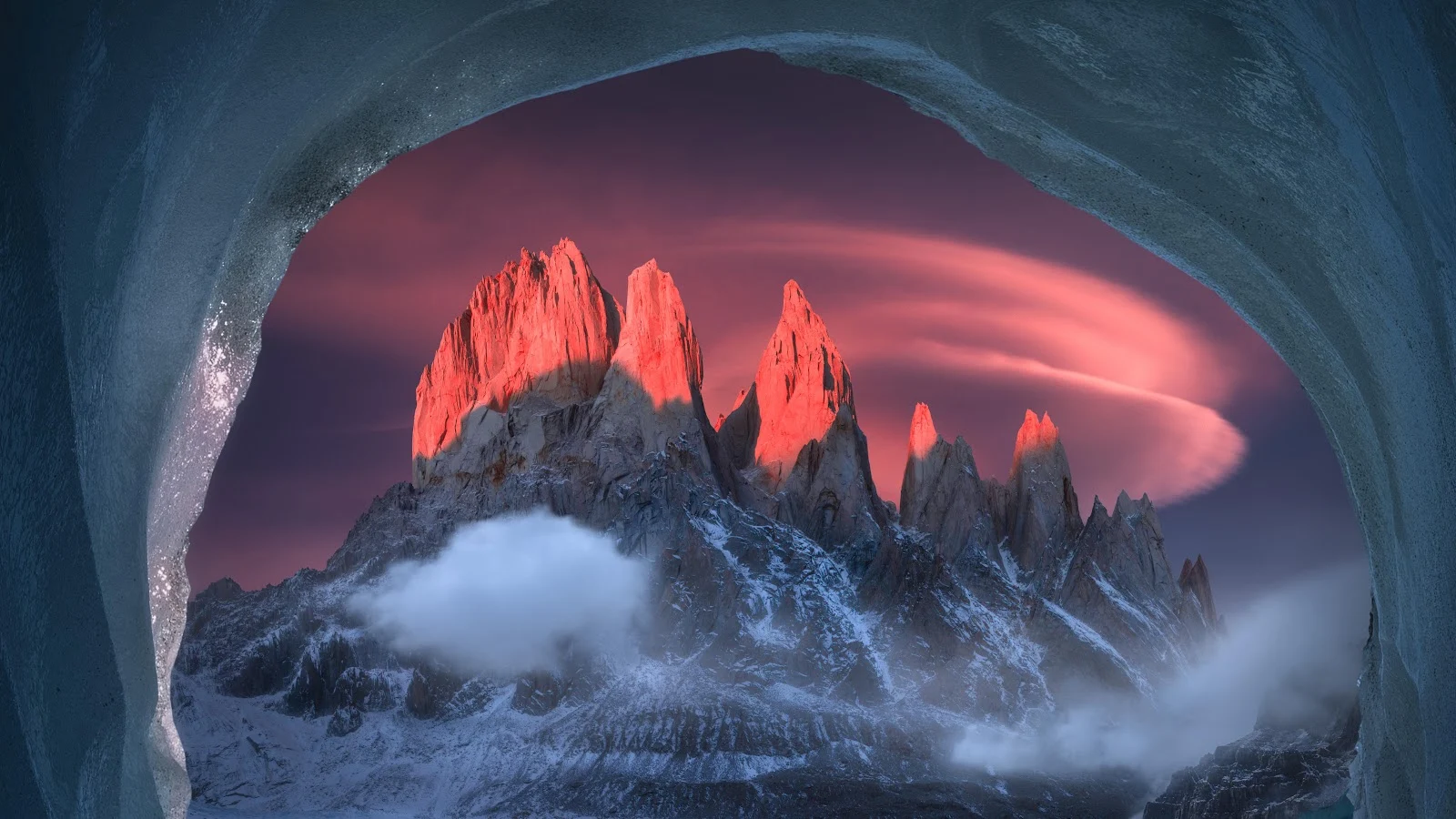 Ice Cave, Patagonia Mountains, Alpenglow Sunset, Lenticular Clouds 5K Wallpaper Background (5779x3250)