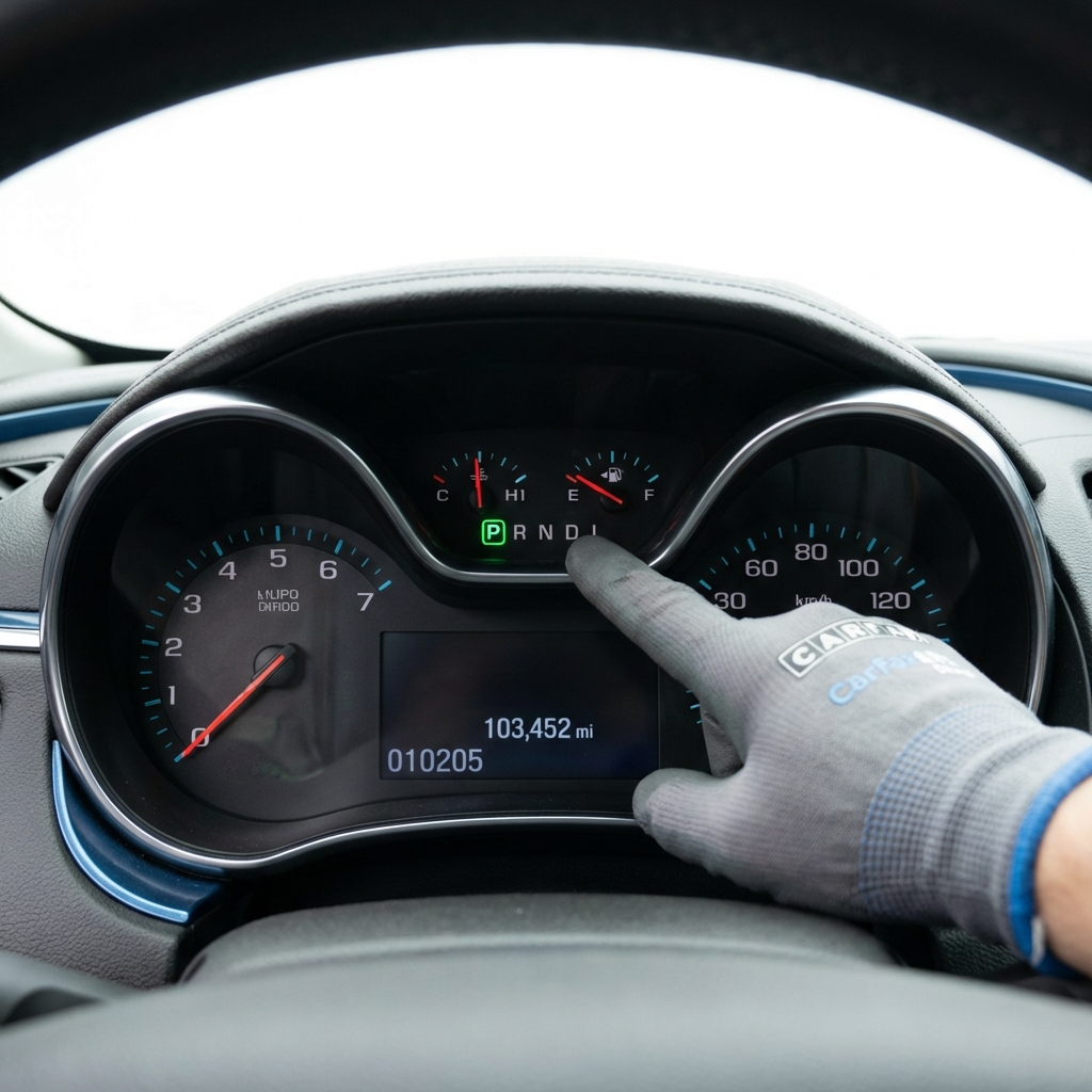 Close up of chevy impala for sale dashboard and odometer during pre purchase inspection technician pointing at transmission shift indicator with clean white minimalist background