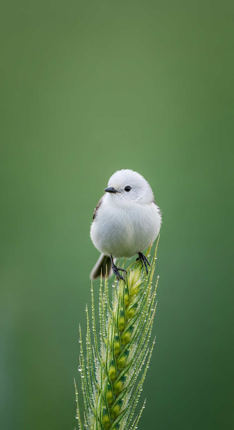 Close-up Photograph of a Tiny White Bird Perched on a Dew-Covered Green Wheat Head - Free 4K mobile Wallpaper