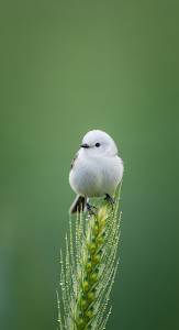 Close-up Photograph of a Tiny White Bird Perched on a Dew-Covered Green Wheat Head
