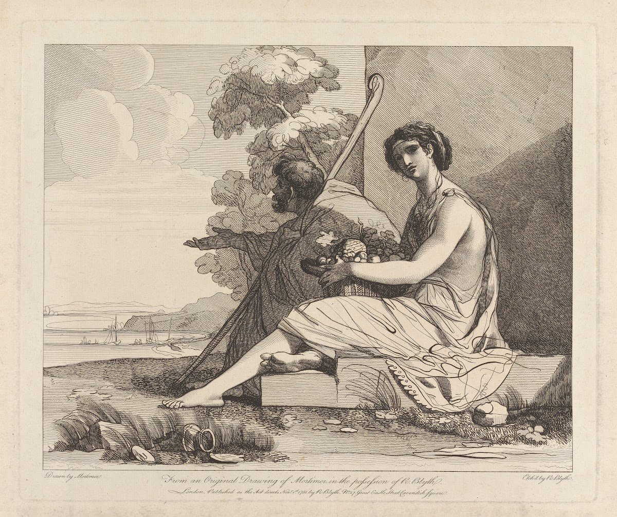Man in Cloak and Woman with Fruit Seated Overlooking a Bay