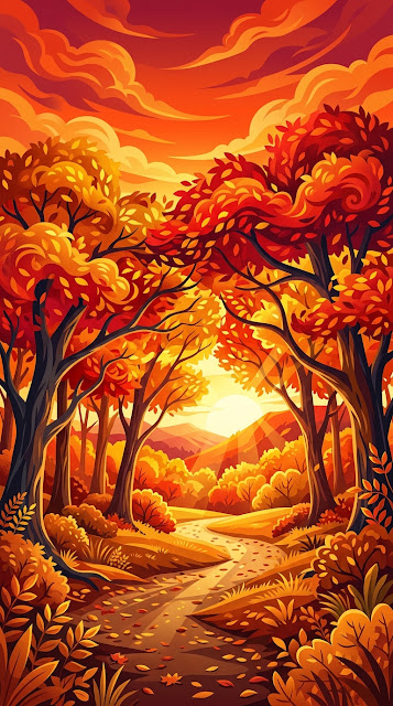 Surreal Autumn Landscape with Vibrant Red Trees and Fiery Orange Sky - Free mobile Wallpaper