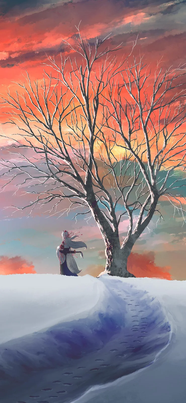 Lone Samurai Under Snowy Sunset - Digital Painting Full HD iPhone Wallpaper (1123x2433)