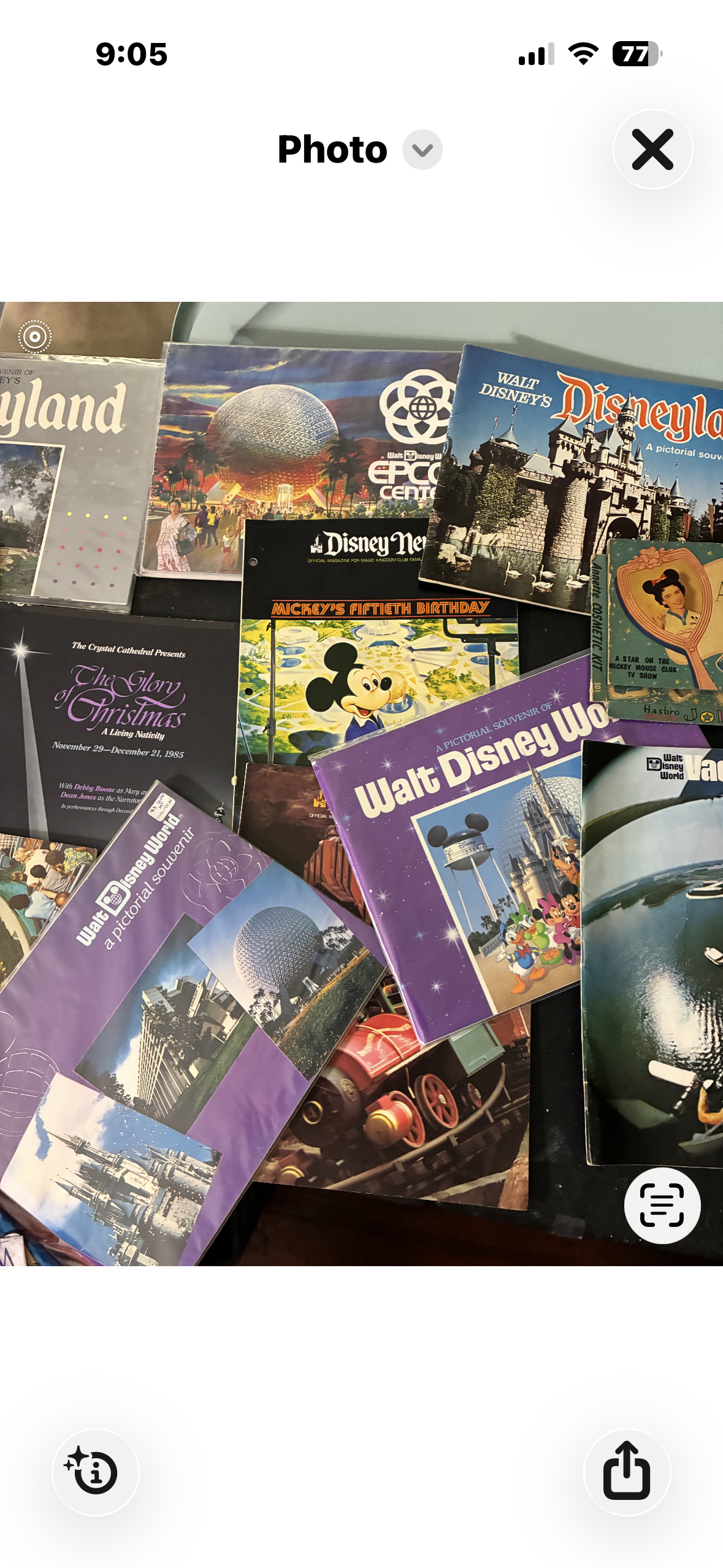 Early EPCOT Center pictorial souvenir book cover showing Spaceship Earth geosphere at sunset with palm trees and guests, early EPCOT logo visible, published by Walt Disney Productions circa 1982–1984
