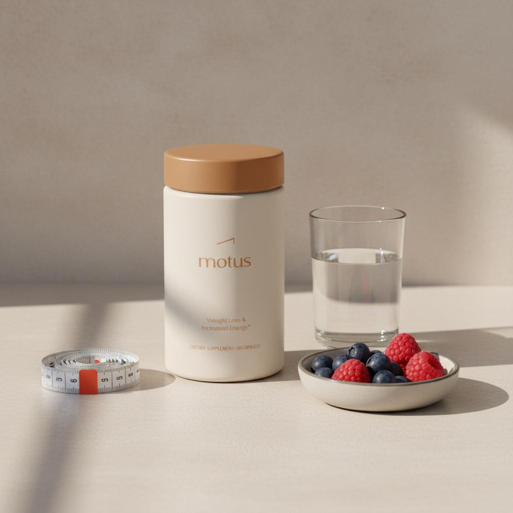 Motus supplement container on a neutral kitchen countertop with measuring tape, bowl of berries and glass of water in minimalist Tonum styling — best fat burner for women