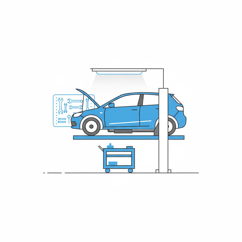 Minimalist 2D vector of a car on a lift with open hood and visible underbody in a clean garage using CarFax Deals brand colors for honda car dealer near me