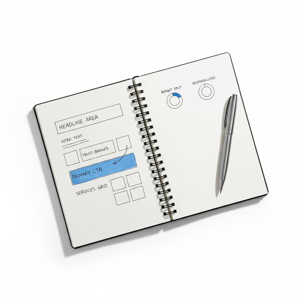 Planner flat-lay with hand-sketched wireframes for a local service webpage showing headline, short intro, trust badges and CTA &mdash; introduction for cleaning services