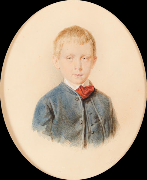 Portrait of a boy in a blue jacket and waistcoat and wearing a red scarf 1868