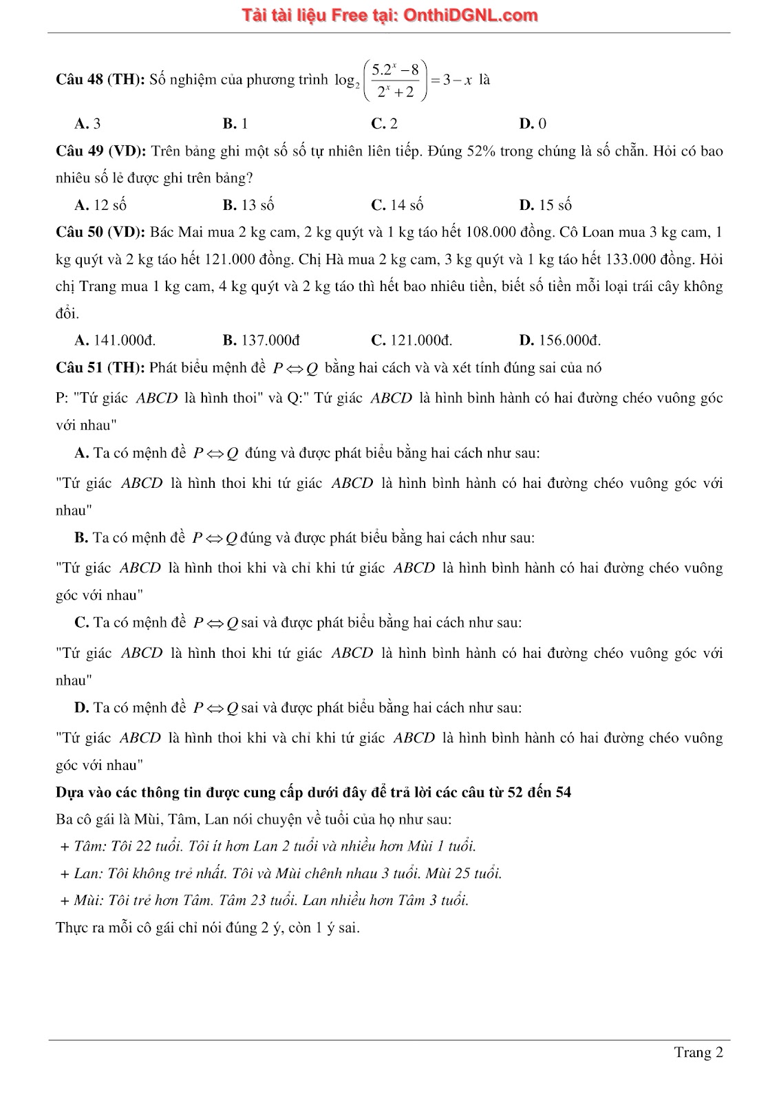 900 bài tập môn Toán - Ôn thi ĐGNL ĐHQG TP HCM Phần 9