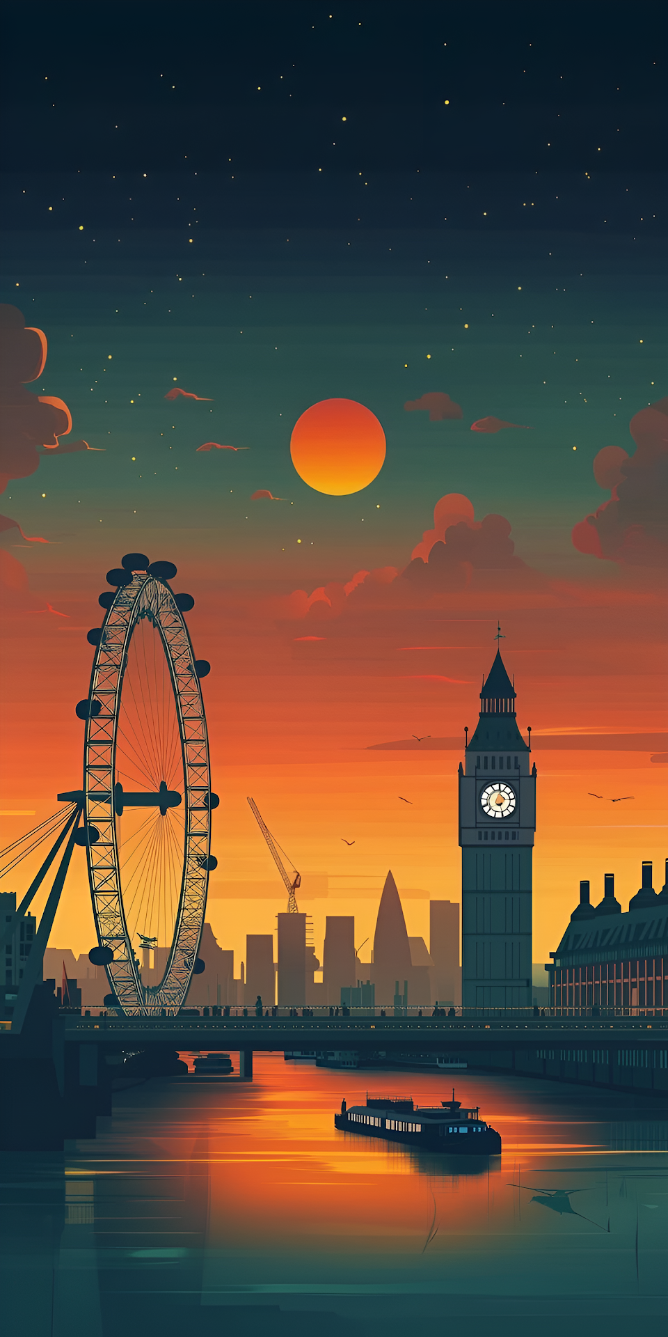 London Eye Big Ben Sunset Illustration Thames River Reflection - Free 4K mobile Wallpaper