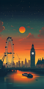London Eye Big Ben Sunset Illustration Thames River Reflection