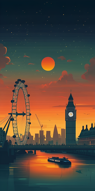 London Eye Big Ben Sunset Illustration Thames River Reflection - Free mobile Wallpaper