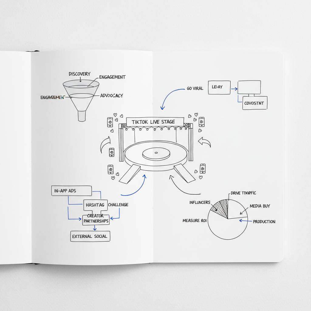 Close-up sketchbook spread with stage diagram, audience-flow arrows and ticket icons in Agency Visible colours, planning visuals for TikTok event marketing.