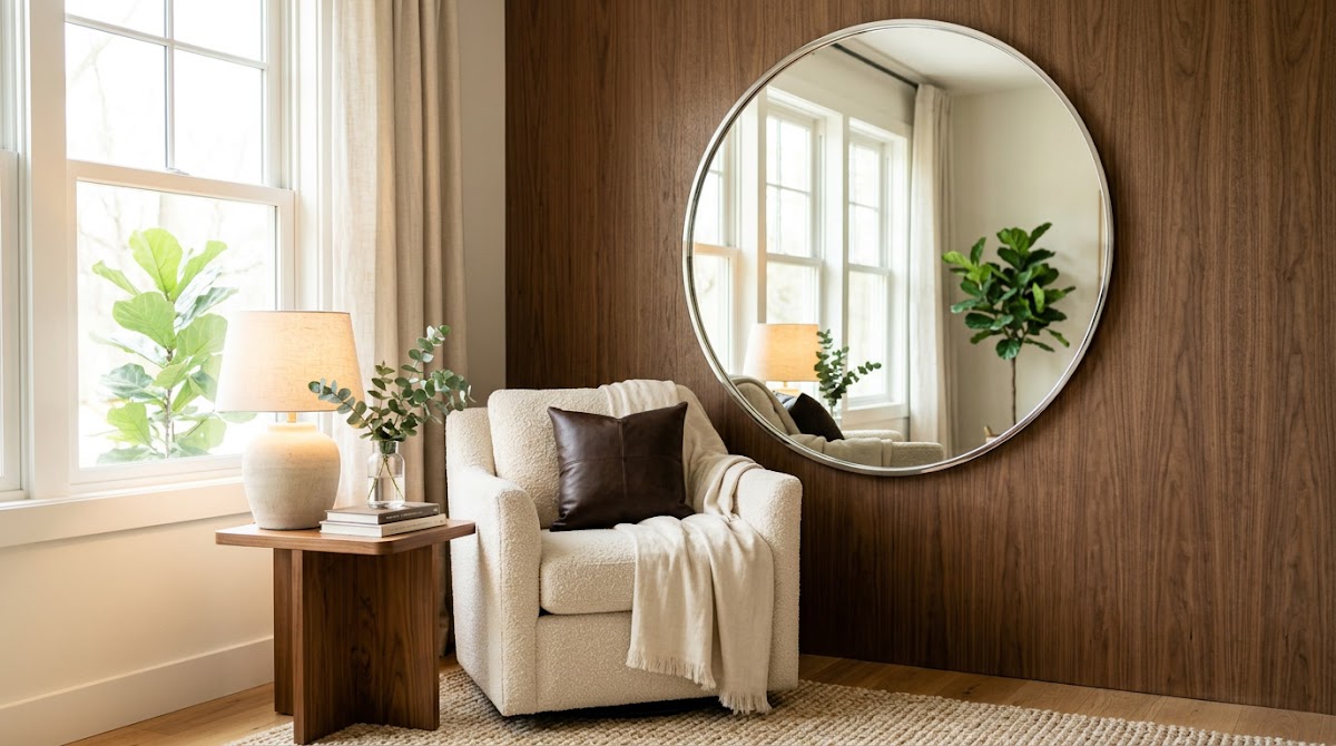 How to Use Chrome Mirrors to Make Small Rooms Feel Brighter - final inviting chrome and warm wood living room styling reveal
