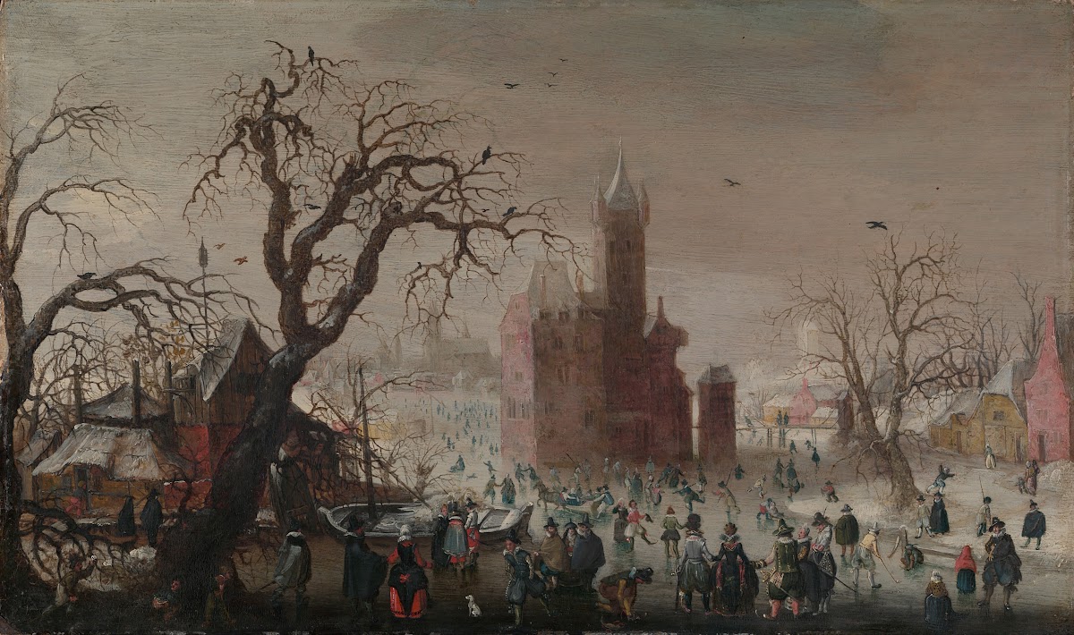 A Winter Landscape with Ice Skaters and an Imaginary Castle ca 161520