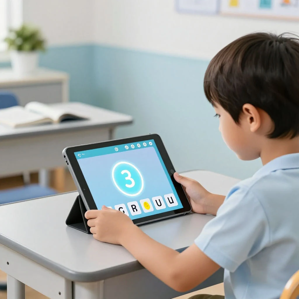 초등학생이 파닉스 앱을 통해 알파벳 소리를 재미있게 배우는 모습