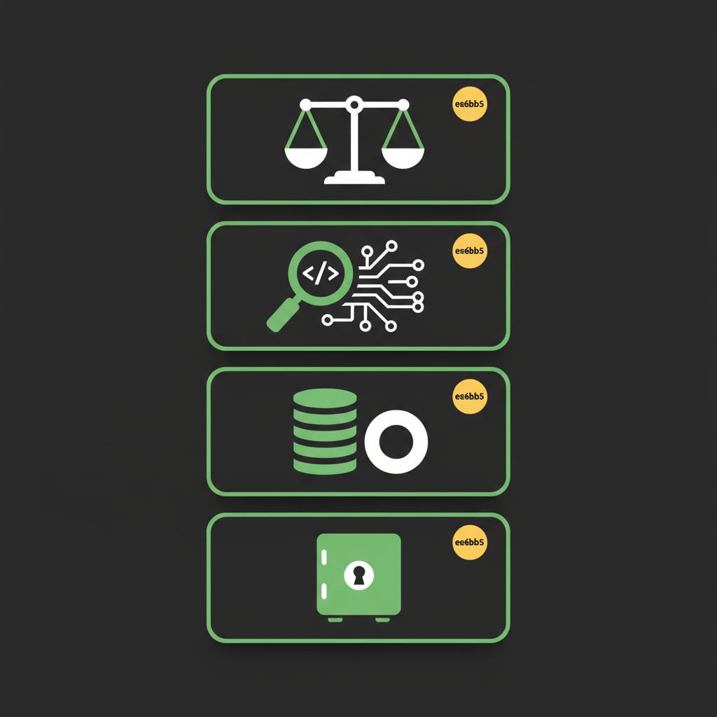 Minimalist 2D vector checklist for a crypto venture showing four flat icons for legal technical audit tokenomics and custody on a dark brand background