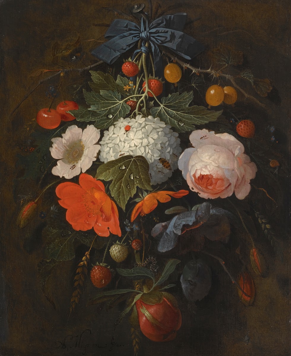 A Festoon Of Flowers And Fruit Including A Pink Rose A Poppy A Snowball Gooseber