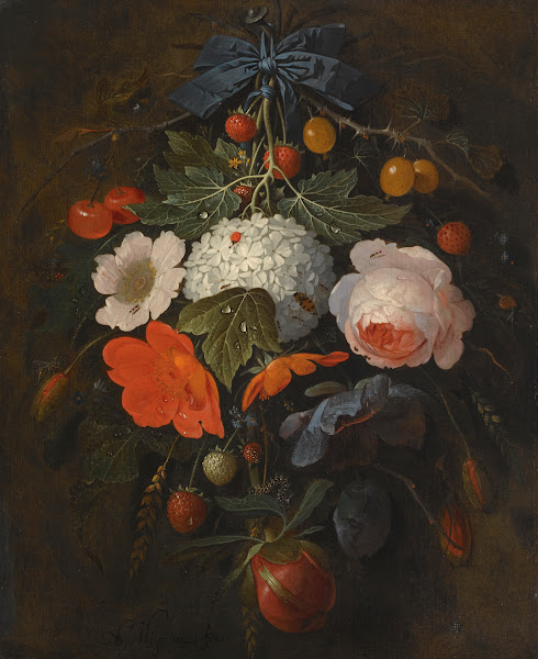 A Festoon Of Flowers And Fruit Including A Pink Rose A Poppy A Snowball Gooseber