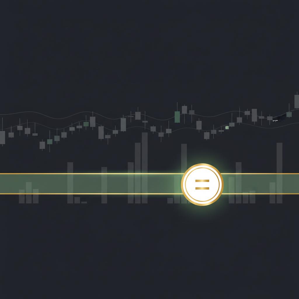 Minimal 2D vector of a calm crypto market consolidation scene with layered candlestick silhouettes muted volume bars green support band and simplified stablecoin token glow