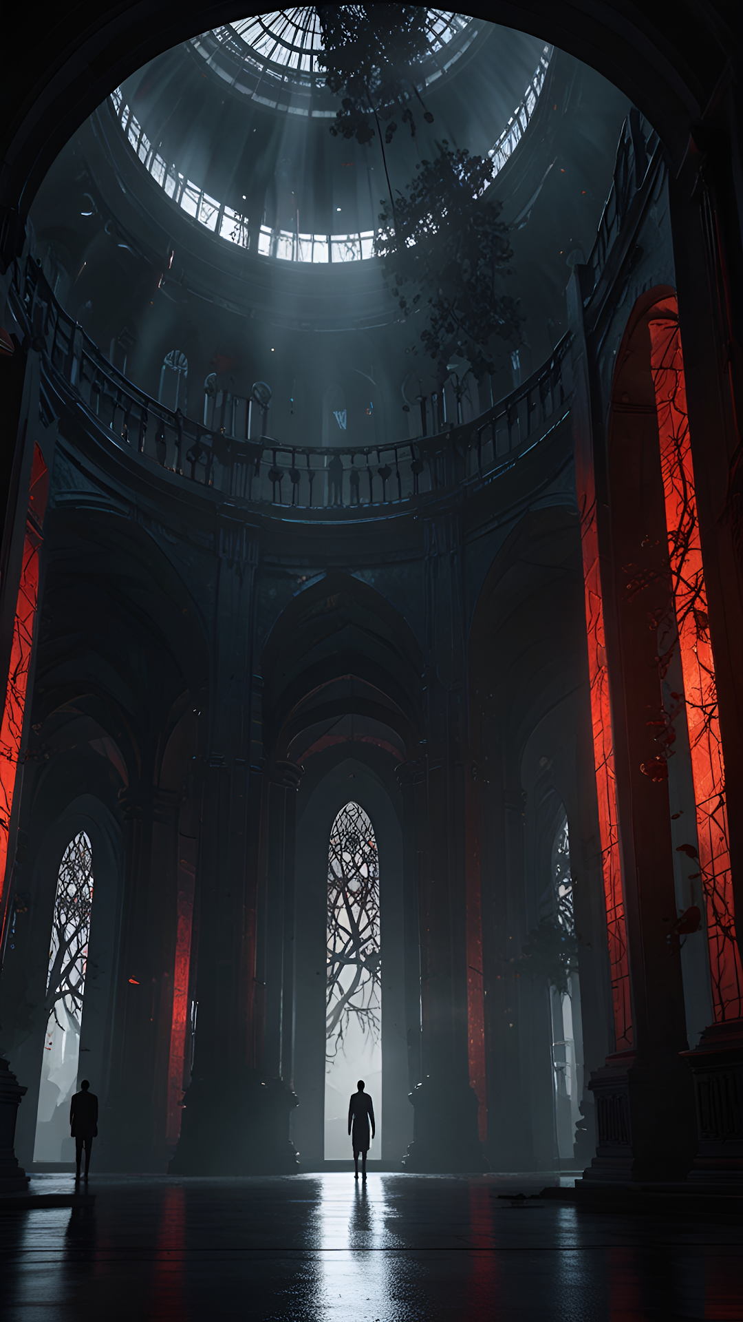 Dark Gothic Cathedral Interior Red Light Architecture - Free 4K mobile Wallpaper