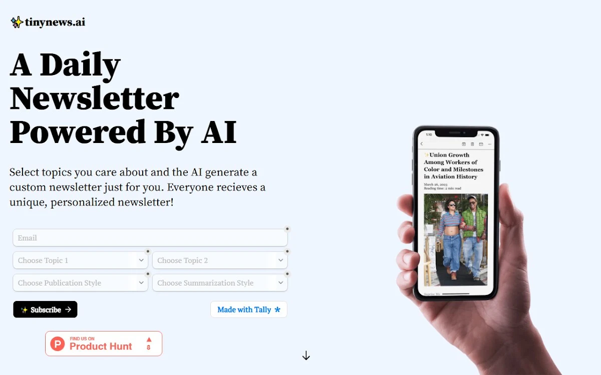 Captura de tinynews, the AI News Company