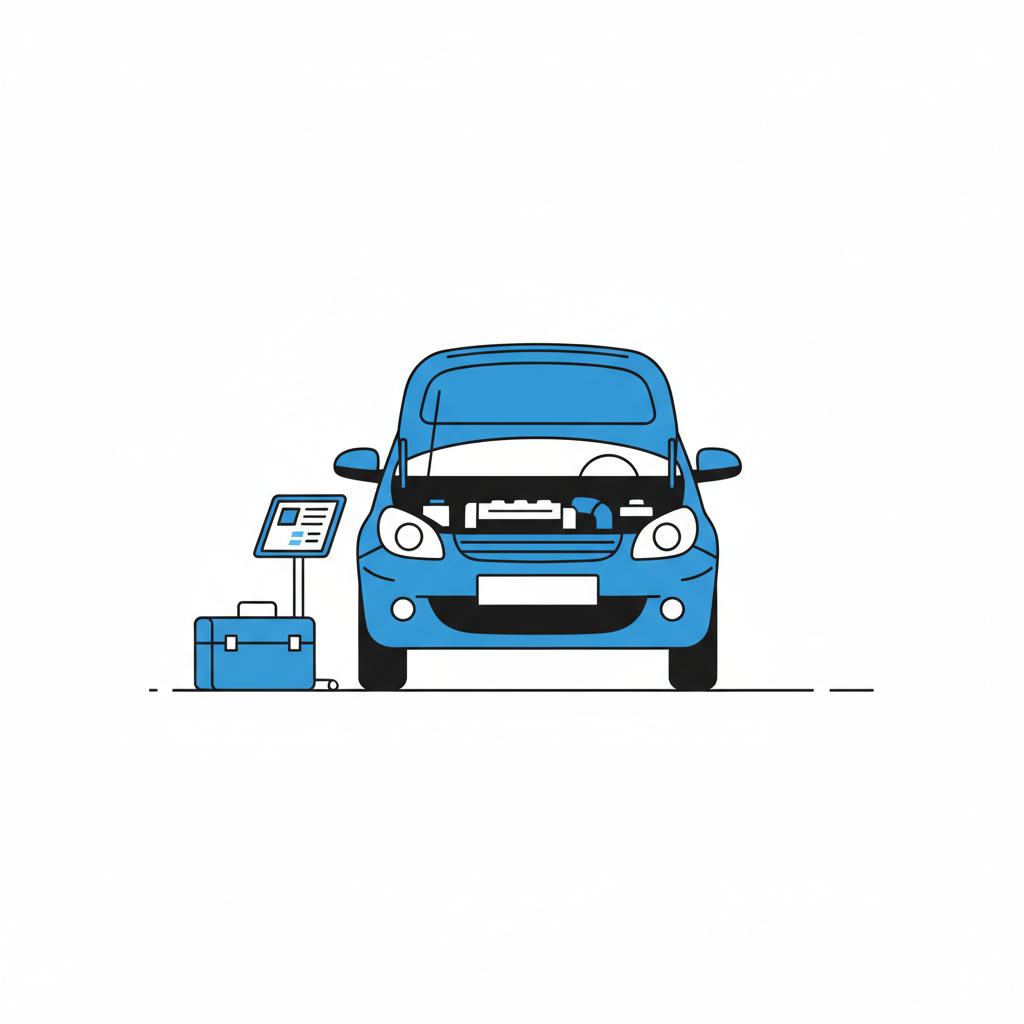 Minimalist vector illustration of a used car with open hood and diagnostic tools in a clean garage scene for cheap used cars near me