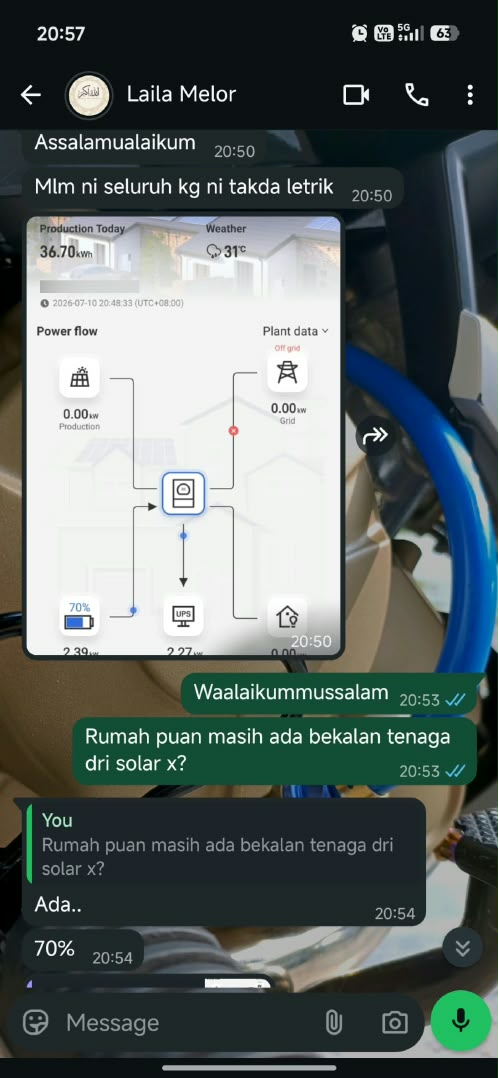Tangkapan skrin WhatsApp: pelanggan memaklumkan seluruh kampung tiada elektrik, aplikasi sistem solar menunjukkan grid terputus dan bateri 70% masih membekalkan tenaga ke rumah.