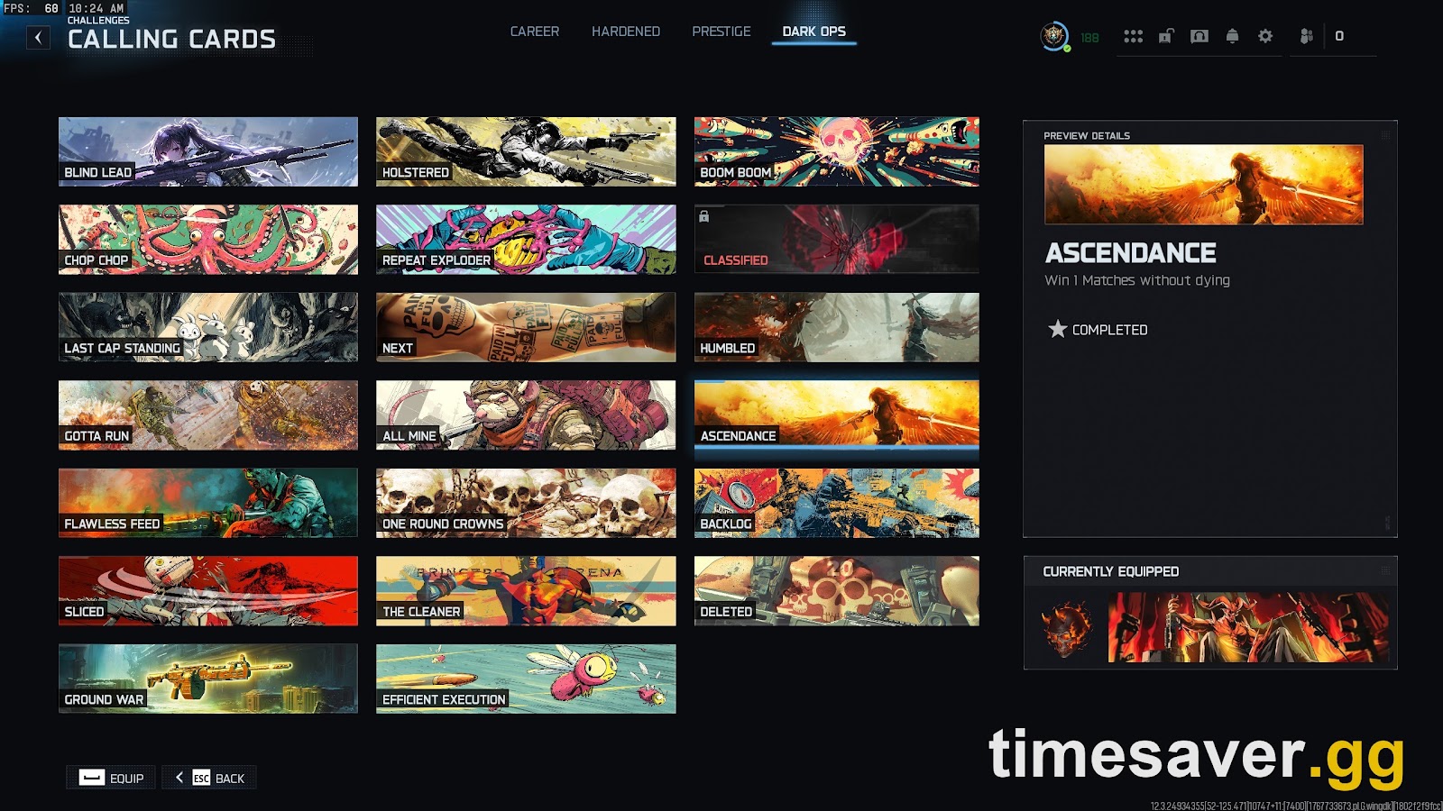 Black Ops 7 in-game menu grid of calling cards and loadout cosmetics, the customization layer that is limited for legacy weapons in MW4 Warzone