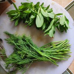 Làm sạch cá, khía trên thân cá 1 vài đường nhỏ. Băm nhỏ sả, ớt, gừng. Nhặt và rửa sạch thì là, rau ngổ.