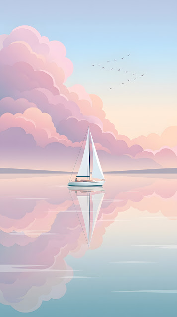 Minimalist Digital Illustration of a Sailboat at Sunset with Pink Clouds - Free mobile Wallpaper