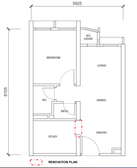Phoeniz Suites @ KL City Centre Type A (with Study) floor plan — 484 sq ft, 1 bedrooms
