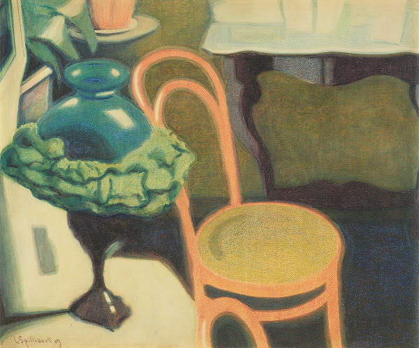 Interieur met stoel en opaline lamp 1909