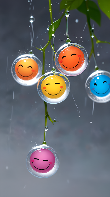 Colorful Smiley Faces in Water Droplets on Green Leaves - Free mobile Wallpaper