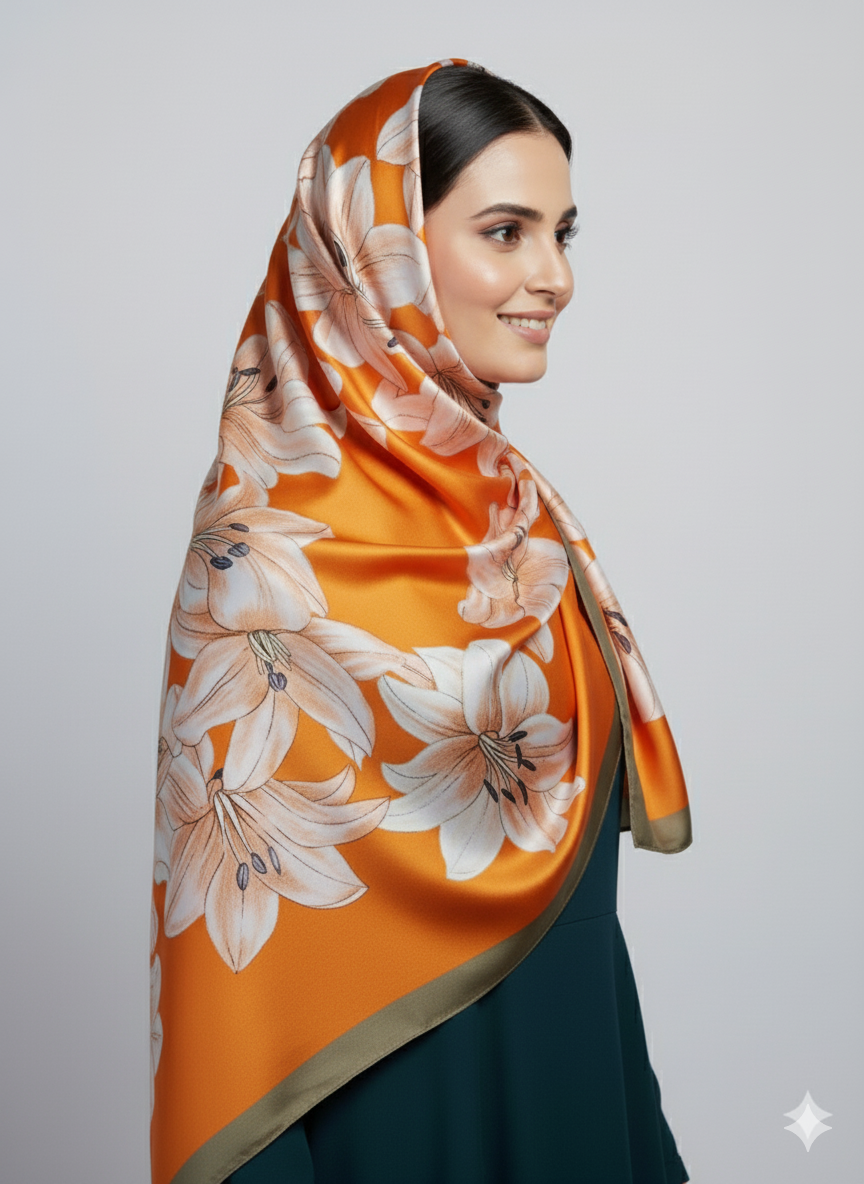 Skin Organge Pinted Hijab | Satin Scarf
