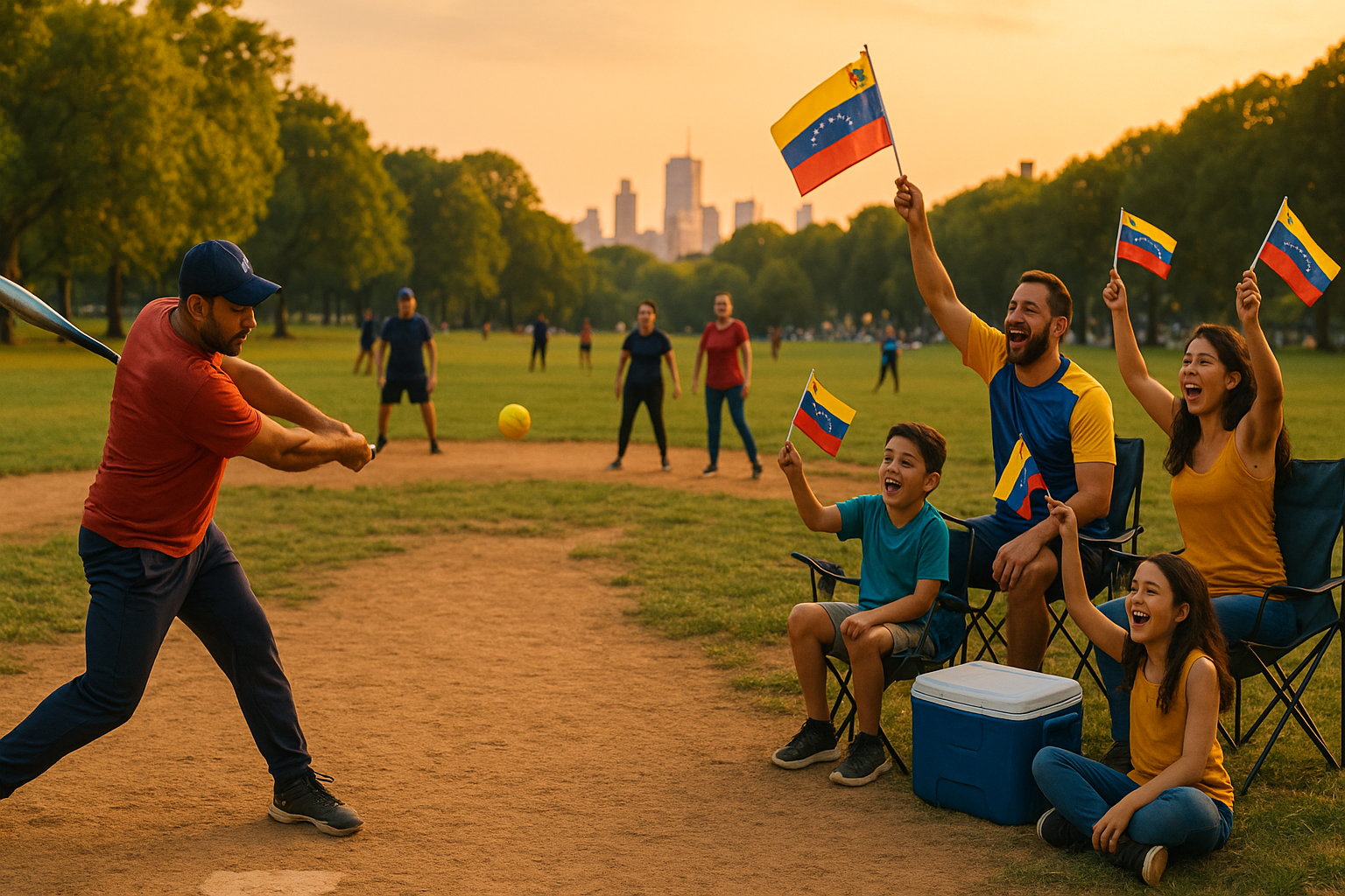Venezolanos jugando softbol en un parque urbano al atardecer, familias alrededor
