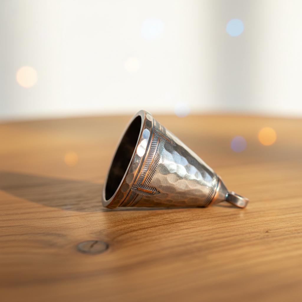 Nahaufnahme eines handgefertigten Metallanhängers auf Holzoberfläche mit warmer Lichtstimmung und dezenten Akzentlichtern – Trends bei Jugendlichen 2025