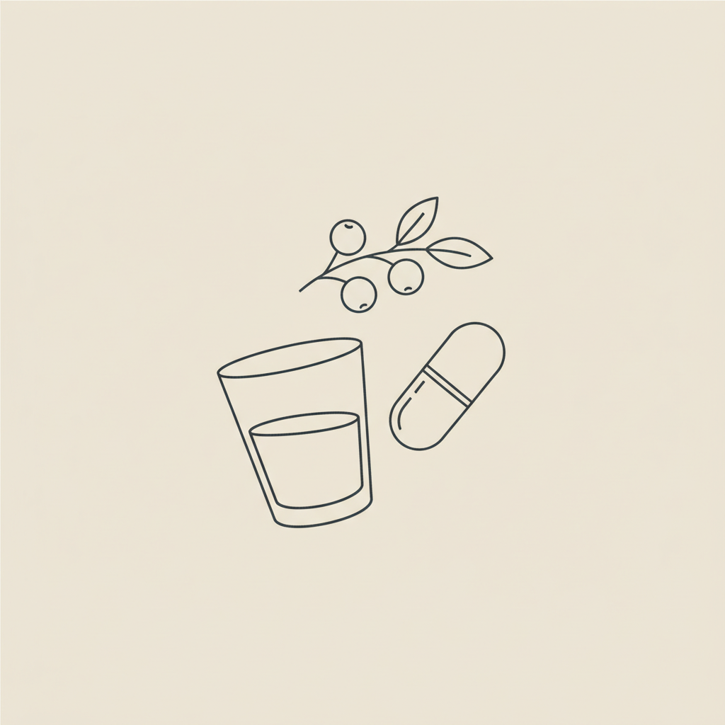 Minimal Tonum-style vector line illustration of a capsule, water glass, and berry sprig on beige background, symbolizing weight loss pills and healthy hydration.