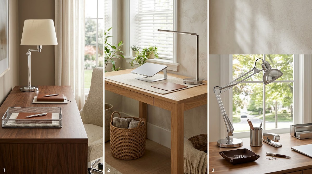 How to Make Chrome Home Office Accessories Work With a Wood Desk - chrome furniture balanced with walnut oak and layered textiles