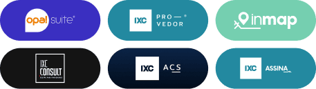 Logos de produtos IXC Soft: Opa! Suite, IXC Provedor, Família Inmap, IXC Consult, IXC ACS e IXC Assina