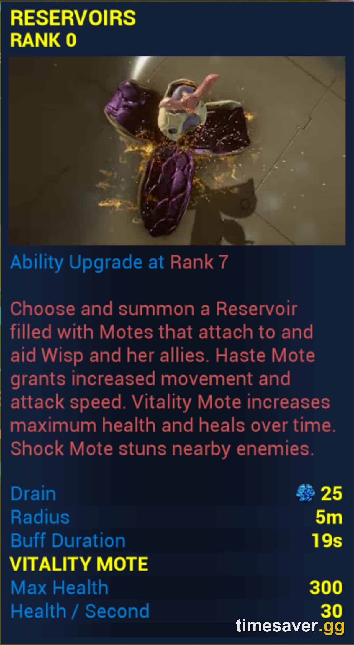 Wisp's Reservoirs ability card showing the Vitality, Haste and Shock support motes