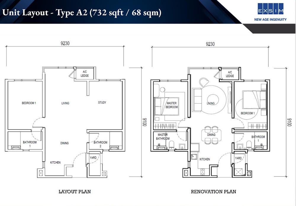 Lighthauz Type A2 floor plan — 732 sq ft, 2 bedrooms