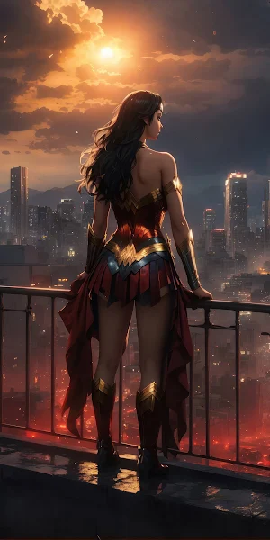 Wonder Woman, Cityscape, Rooftop, Sunset 4K Wallpaper Background