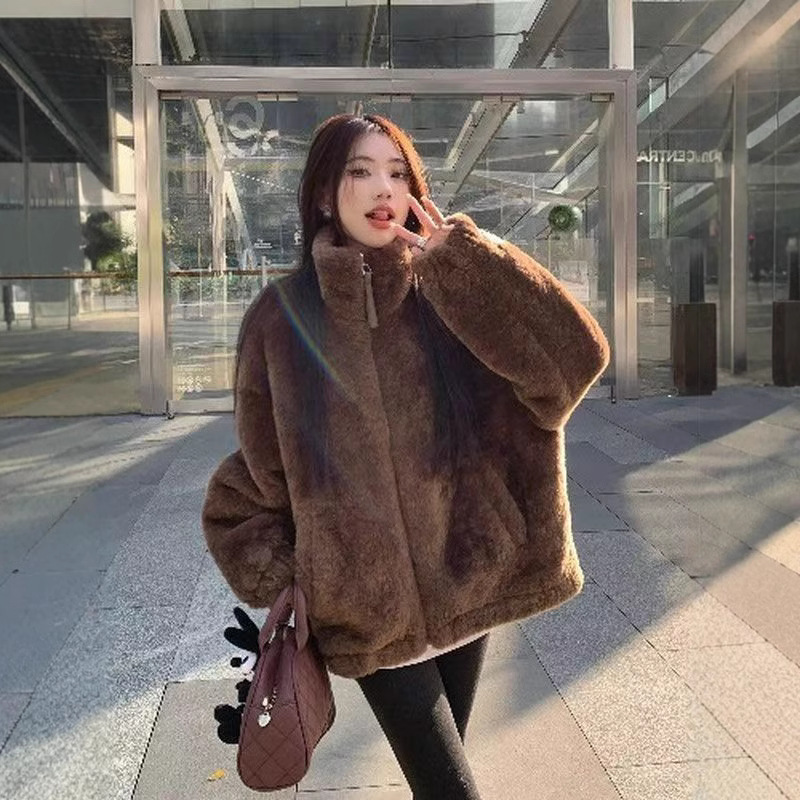 Casual faux lambskin jacket with stand-up collar