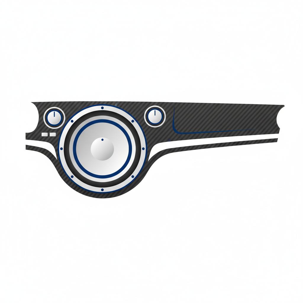 Minimal 2D vector close up of premium car audio speakers and carbon fiber trim in white and blue brand colors lamborghini urus for sale