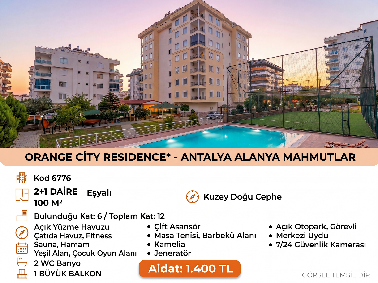Orange City Residence Mahmutlar Satılık 2+1 Daire Kod 6776