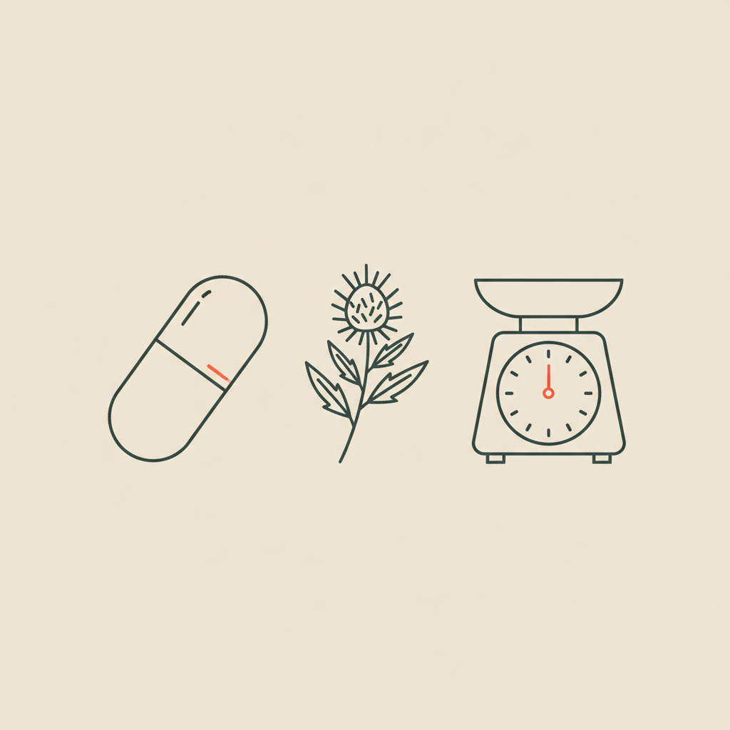 Minimalist Tonum-style line illustration of a capsule, milk thistle sprig, and small scale on beige background suggesting OTC Ozempic alternatives for weight management.