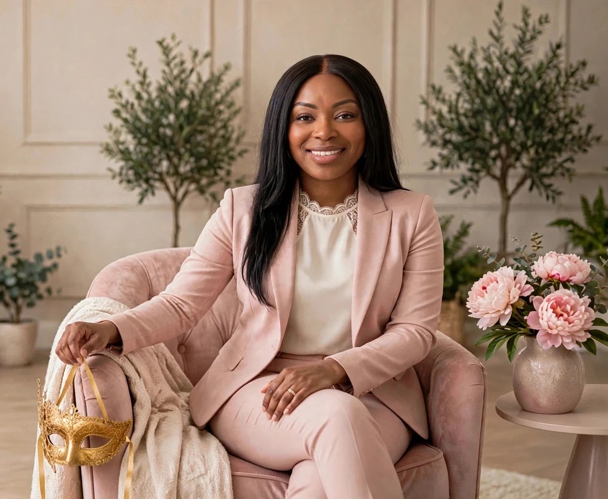 Chioma Okechukwu in a blush suit, seated and smiling, an elegant gold masquerade mask dangling from her hand